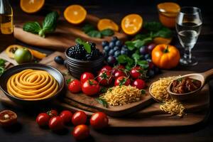 various fruits and vegetables are arranged on a wooden cutting board. AI-Generated photo