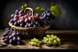 grapes in a basket on a table. AI-Generated photo