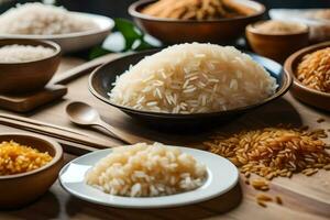 various types of rice on a table. AI-Generated photo