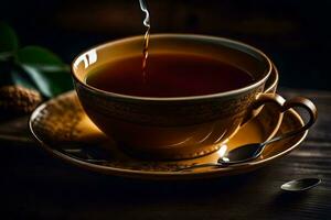 un taza de té en un de madera mesa. generado por ai foto