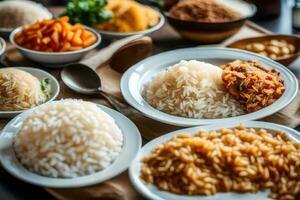 various types of rice and other foods on a table. AI-Generated photo