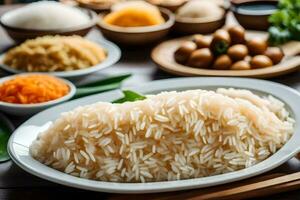 various types of rice on a wooden table. AI-Generated photo