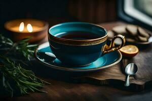 a cup of tea on a wooden table. AI-Generated photo