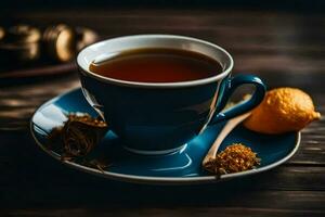 a cup of tea with a lemon and spices. AI-Generated photo