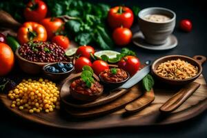 the food is on a wooden board with a knife, a spoon, a bowl, a cup. AI-Generated photo