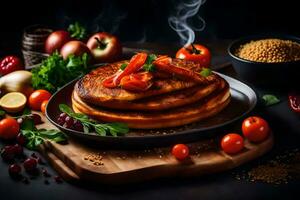 pancakes with tomatoes and spices on a black background. AI-Generated photo