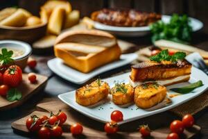 un mesa con comida y un pan. generado por ai foto