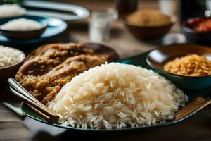 a plate of rice with meat, spices and other ingredients. AI-Generated photo