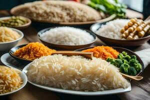 various types of rice on a table. AI-Generated photo