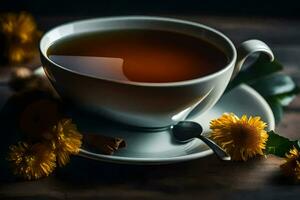 a cup of tea with dandelions and cinnamon. AI-Generated photo