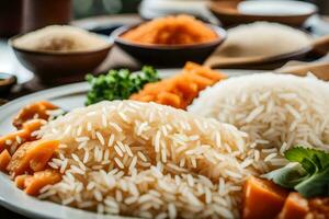 a plate of rice with vegetables and spices. AI-Generated photo