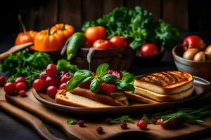 foods on a wooden table with bread, vegetables and fruit. AI-Generated photo