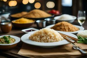 a table with rice, chopsticks and other dishes. AI-Generated photo