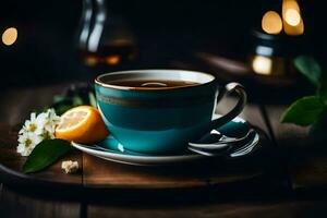 a cup of tea on a wooden table. AI-Generated photo