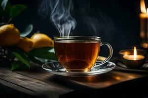 a cup of tea with a lemon and a candle on a wooden table. AI-Generated photo