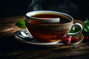 un taza de té con frambuesas en un de madera mesa. generado por ai foto
