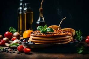 pancakes with cheese and vegetables on a black background. AI-Generated photo