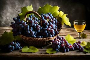 grapes in a basket and a glass of wine on a wooden table. AI-Generated photo