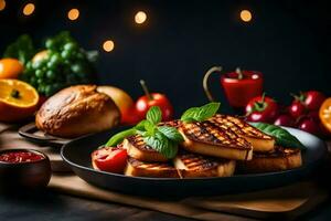 A la parrilla queso en un plato con Tomates y otro vegetales. generado por ai foto