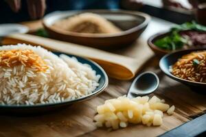 a wooden table with bowls of rice and other food. AI-Generated photo