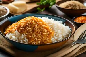 a bowl of rice with spices and other ingredients. AI-Generated photo