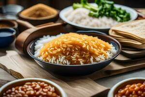 un cuenco de arroz, frijoles y otro ingredientes en un mesa. generado por ai foto