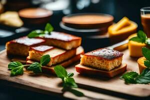 un de madera corte tablero con rebanadas de pastel y otro alimento. generado por ai foto