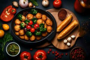 a pan with food on it, including bread, tomatoes, and other ingredients. AI-Generated photo