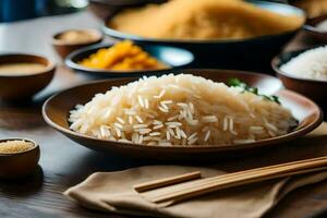 a table with bowls of rice, chopsticks and other dishes. AI-Generated photo