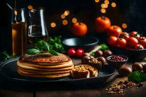 pancakes with berries and nuts on a black plate. AI-Generated photo