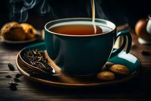 a cup of tea with a spoon and cookies. AI-Generated photo