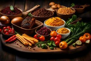 a variety of food on a wooden table. AI-Generated photo