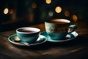 a cup of tea and a cup of coffee on a wooden table. AI-Generated photo