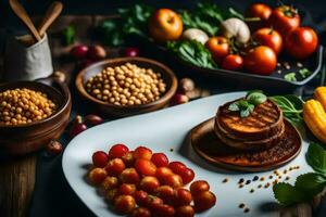 un plato de comida con Tomates, frijoles y otro vegetales. generado por ai foto