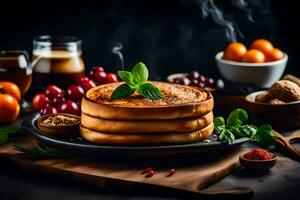 pancakes with spices and berries on a black background. AI-Generated photo