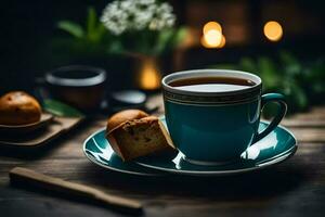 a cup of tea and a muffin on a wooden table. AI-Generated photo