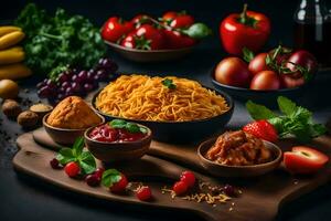 various types of food on a wooden table. AI-Generated photo