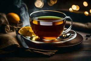 a cup of tea with lemon and a spoon. AI-Generated photo