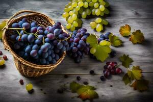 grapes in a basket on a wooden table. AI-Generated photo