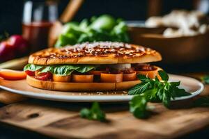 a sandwich with meat and vegetables on a wooden board. AI-Generated photo