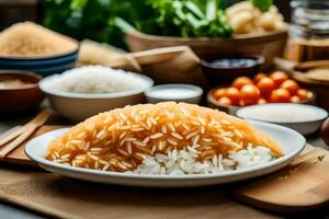 a plate of rice with vegetables and other ingredients. AI-Generated photo