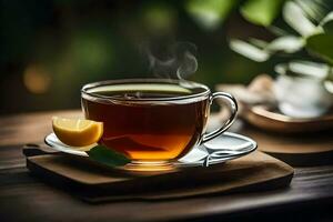 a cup of tea with lemon on a wooden table. AI-Generated photo