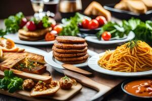 a table with various foods including pasta, bread, and vegetables. AI-Generated photo