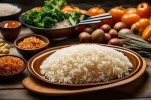 a bowl of rice with vegetables and other ingredients. AI-Generated photo