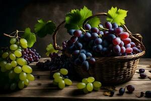 grapes in a basket on a wooden table. AI-Generated photo