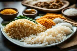 a plate of rice with different types of food. AI-Generated photo