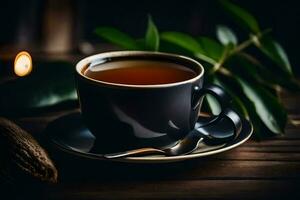 a cup of tea on a wooden table. AI-Generated photo