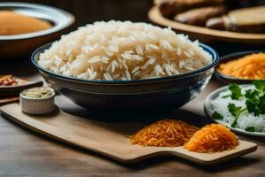 a bowl of rice with other ingredients on a table. AI-Generated photo