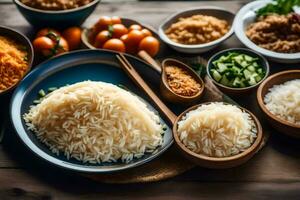 various bowls of rice and vegetables on a table. AI-Generated photo