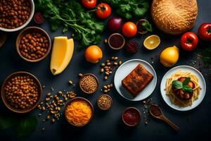 varios comidas incluso frijoles, verduras, un pan y queso. generado por ai foto